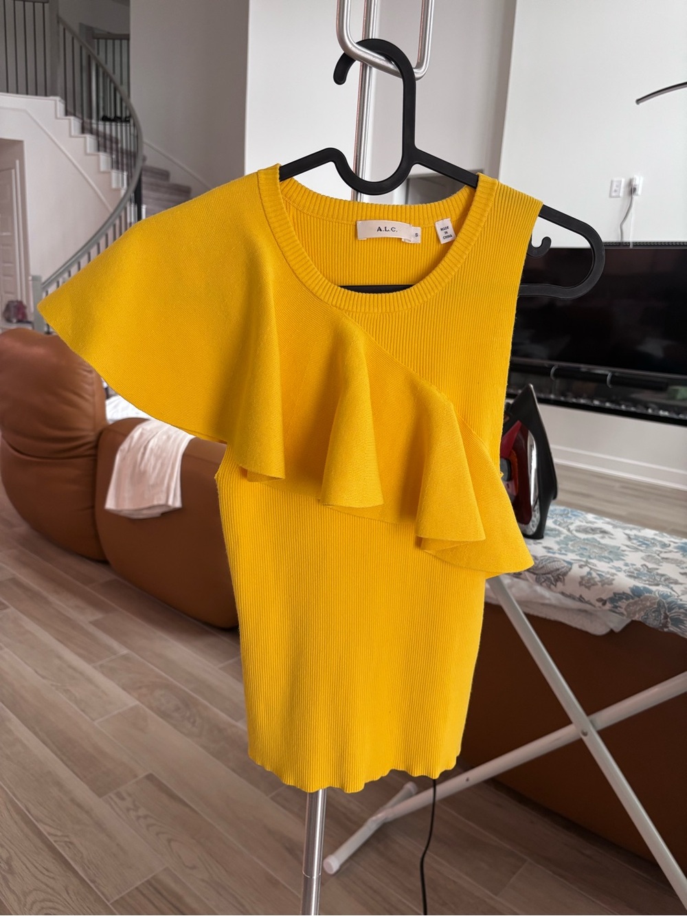 A.L.C. Bright Yellow One-Shoulder Ruffle Knit Top